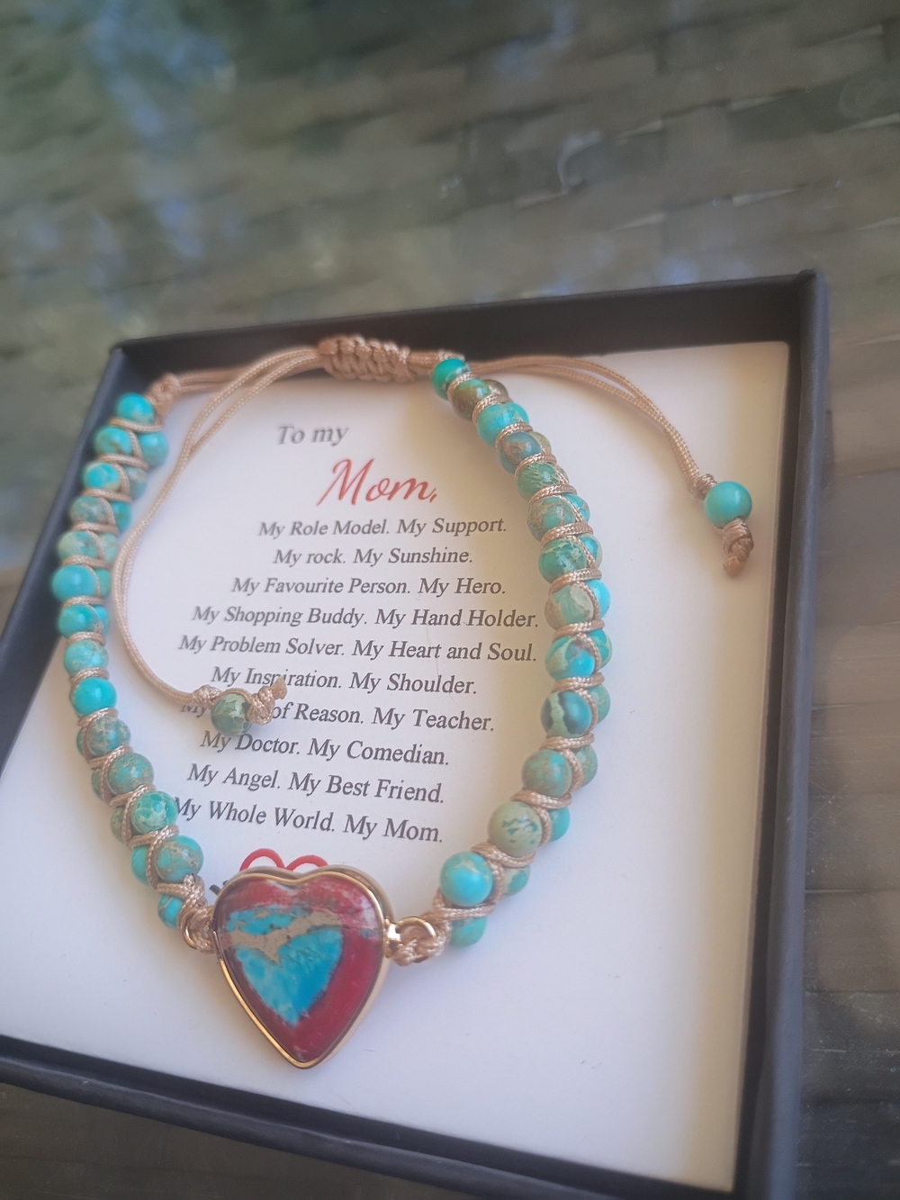 Turquoise and Gold Heart Pendant Bracelet - Mom Gift